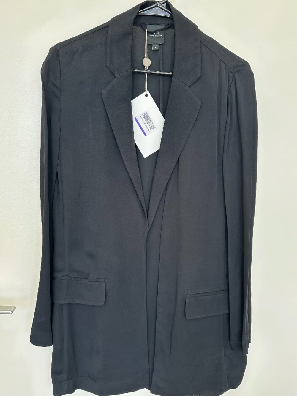 NWT A|X Armani Exchange Black Viscose Satin Open-Front Sheer Blazer - Size 4